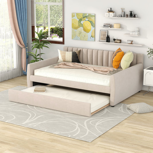 Full Size Upholstered daybed with Trundle and Wood Slat Support, Beige