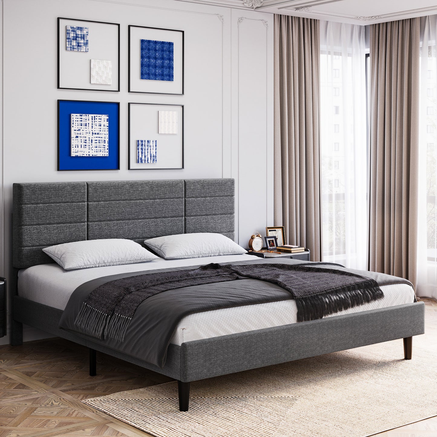 Molblly King Size Platform Bed Frame with Upholstered Headboard, Strong Frame, and Wooden Slats Support, Non-Slip, and Noise-Free, No Box Spring Needed, Easy Assembly, Dark Grey