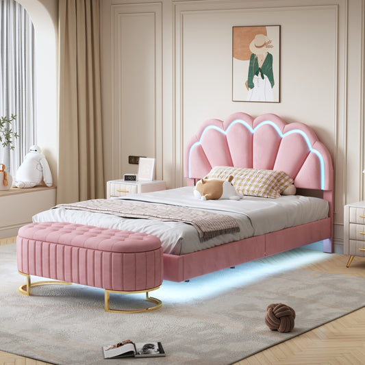 2-Pieces Bedroom Sets Full Size Upholstered LED Platform Bed with Storage Ottoman-Velvet,Pink