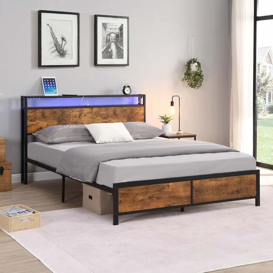 Industrial Queen Platform Bed Frame with Storage Headboard, LED Lights and 2 USB Ports, Rustic Brown