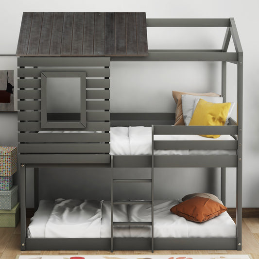 Twin Over Twin Bunk Bed Wood Loft Bed with Roof, Window, Guardrail, Ladder (Gray)