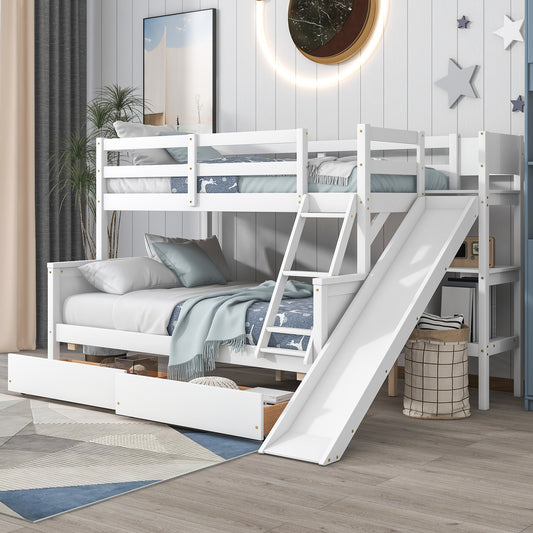 Twin over Full Bunk Bed with 2 Drawers,Slide,Shelves White