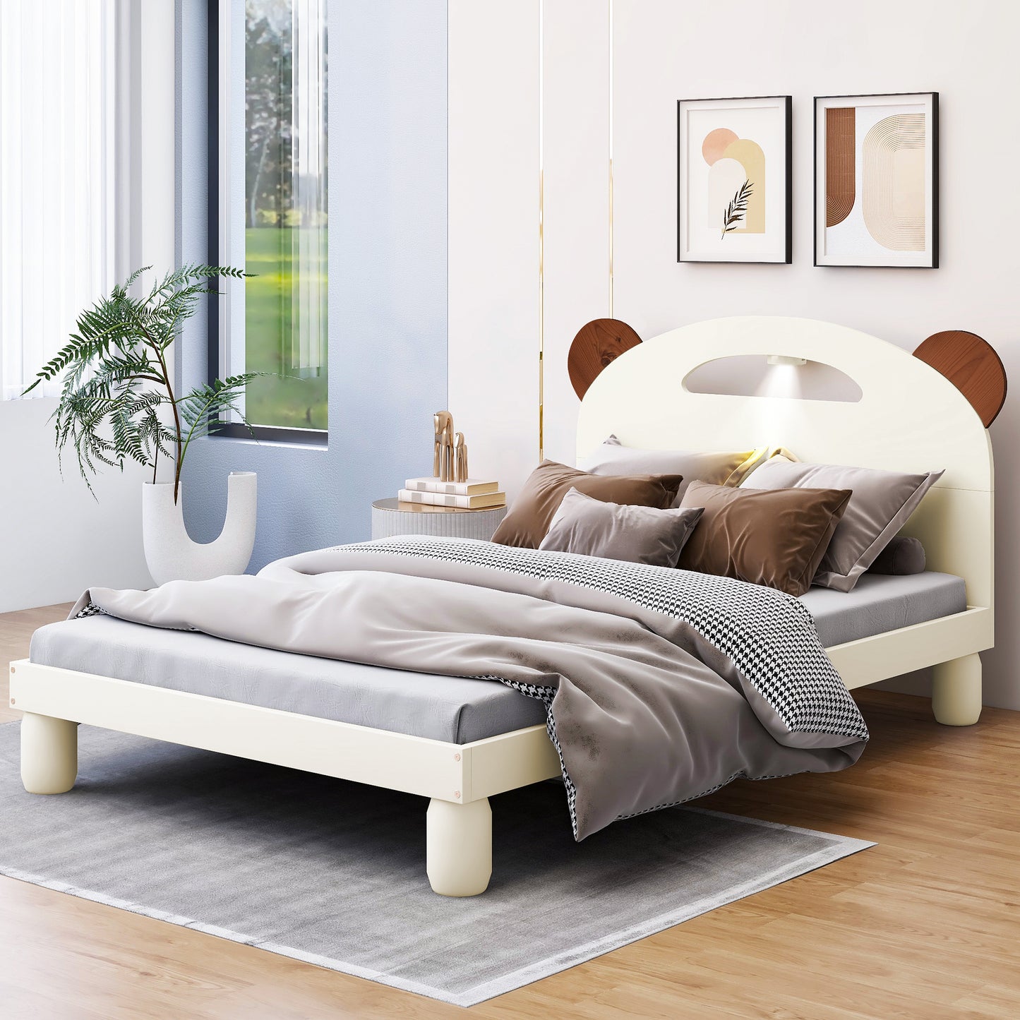 Twin Size Platform Bed with Bear Ears Shaped Headboard and LED, Cream White