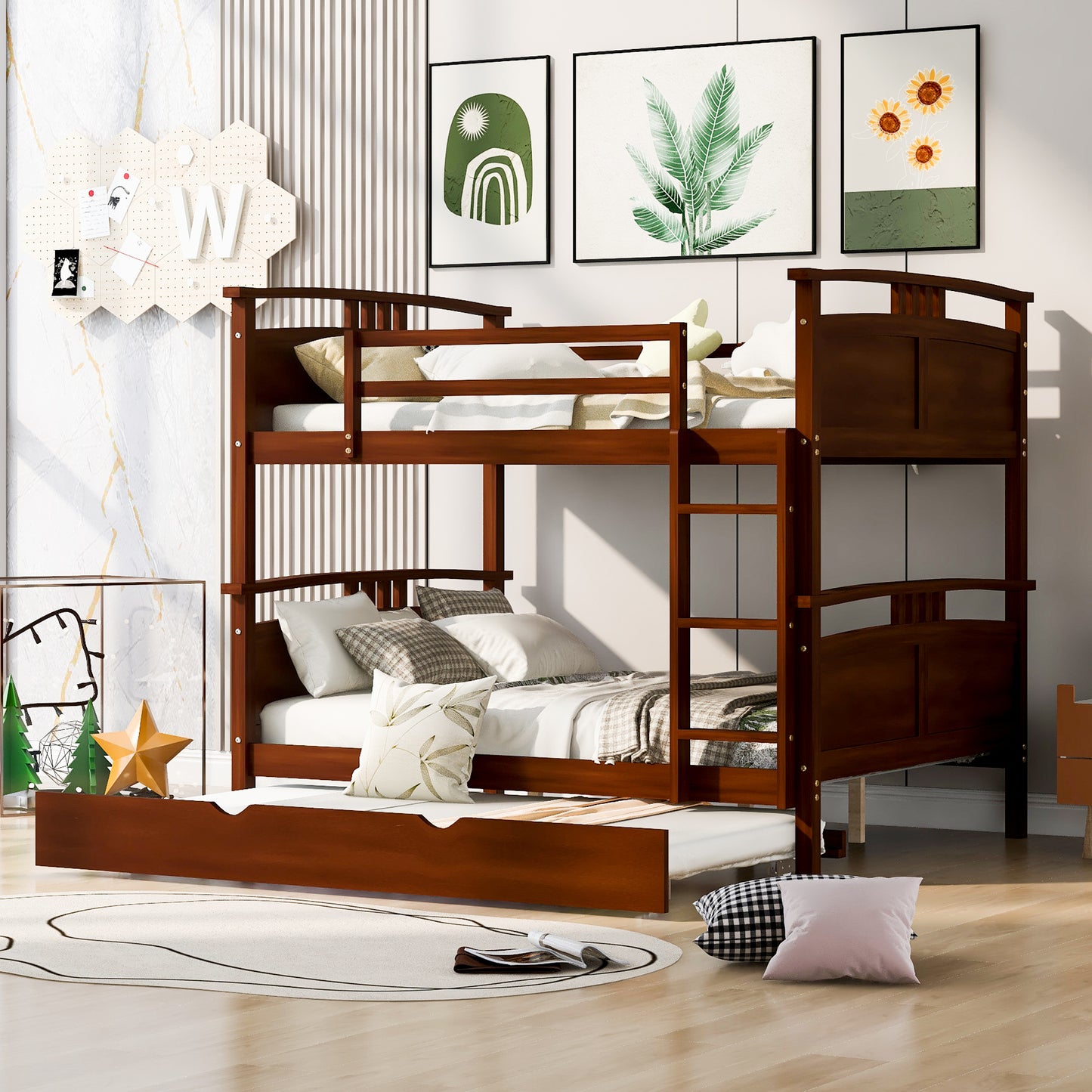 Full-Over-Full Bunk Bed with Twin size Trundle , Separable Bunk Bed for Bedroom - Espresso