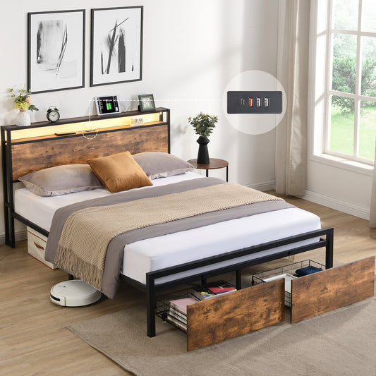 Queen Size Bed Frame with Storage Headboard and 2 Drawers, LED Lights Bed with Charging Station, Metal Platform Bed No Noise, Mattress Foundation Strong Metal Slats Support No Box Spring Needed