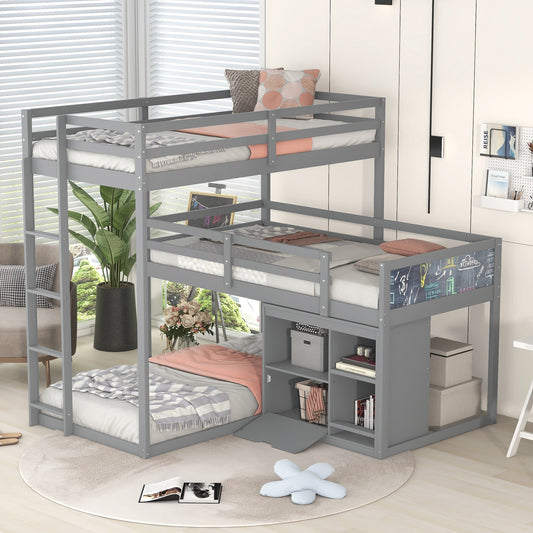 L-shaped Wood Triple Twin Size Bunk Bed with Storage Cabinet and Blackboard, Ladder, Gray