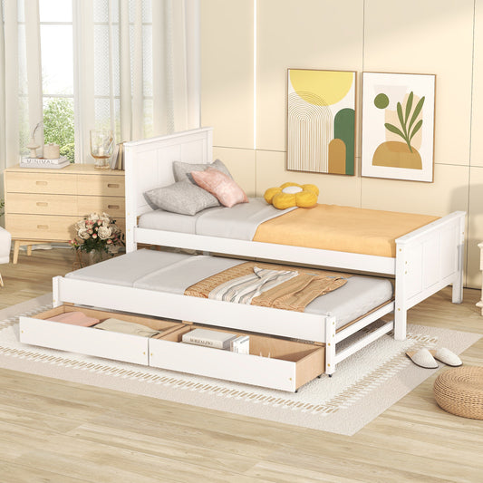 Twin Size Platform Bed with Trundle and Drawers, White