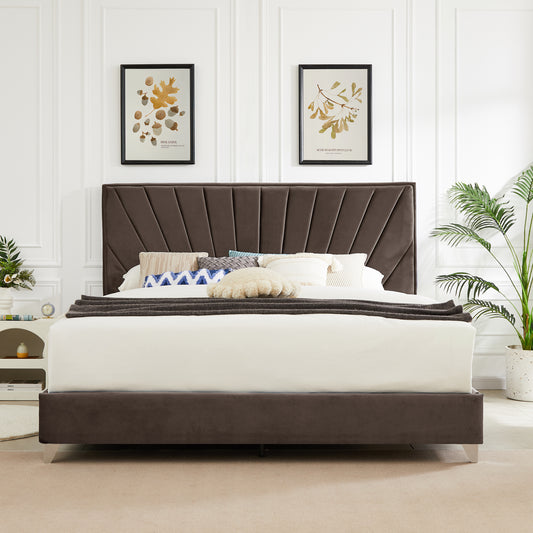 King Platform Bed with Beautiful Line Stripe Cushion Headboard and Metal Legs with Electroplate