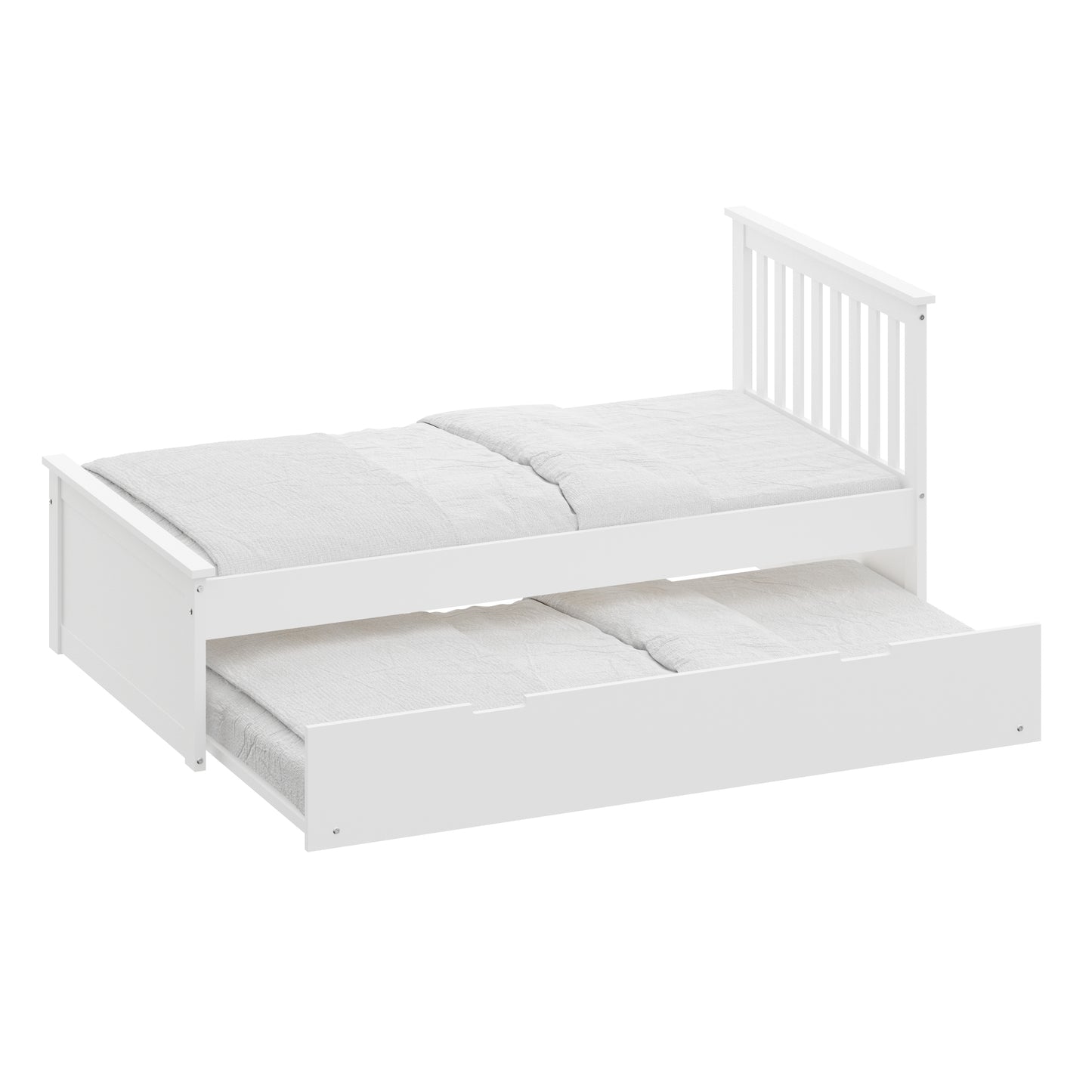 Yes4wood White Twin Bed with Trundle, Solid Wood Malibu Bed Frame with Twin Size Pull-Out Trundle for Kids and Toddlers