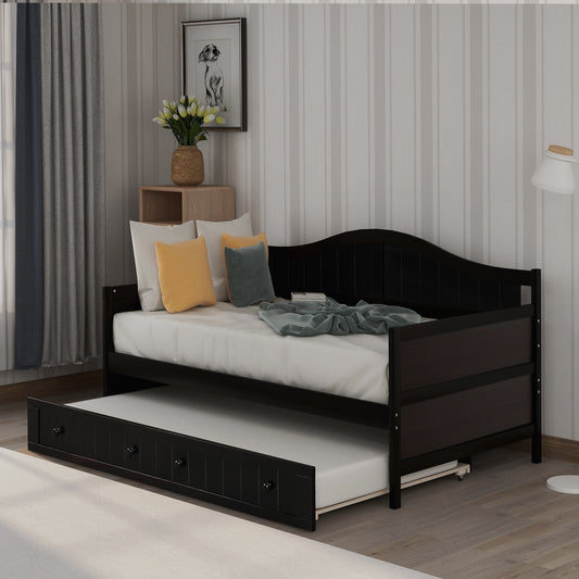 Twin Wooden Daybed with Trundle Bed, Sofa Bed for Bedroom Living Room, Espresso
