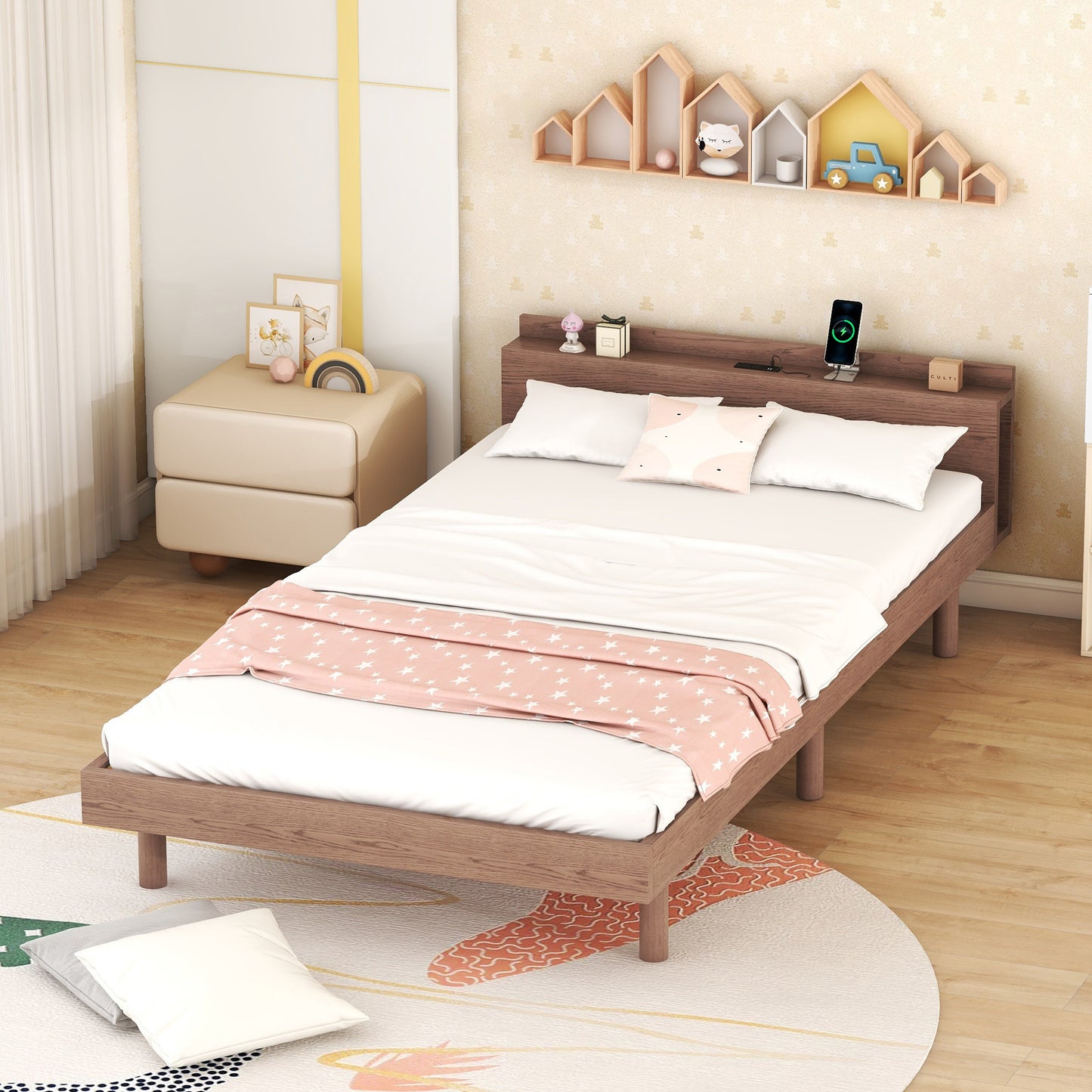 Modern Design Twin Size Platform Bed Frame with Headboard for Walnut Color
