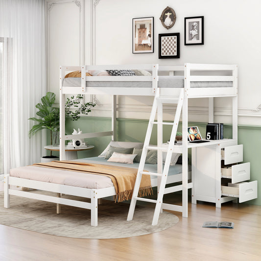 Twin over Full Bunk Bed with Built-in Desk and Three Drawers,White