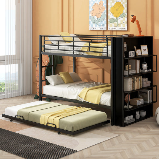 Metal Bunk Bed with big bookshelf, Twin, Black