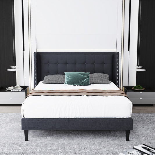 Molblly Queen Size Platform Bed Frame with Upholstered Headboard, Strong Frame, and Wooden Slats Support, Non-Slip and Noise-Free, No Box Spring Needed, Easy Assembly, Dark Grey