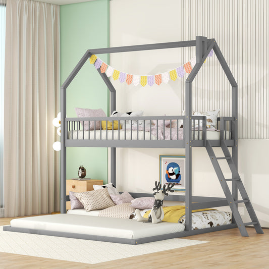 Twin Over Twin-Twin House Bunk Bed with Extending Trundle and Ladder