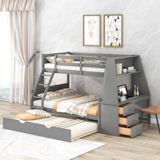 Twin over Full Bunk Bed with Trundle and Built-in Desk, Three Storage Drawers and Shelf,Gray