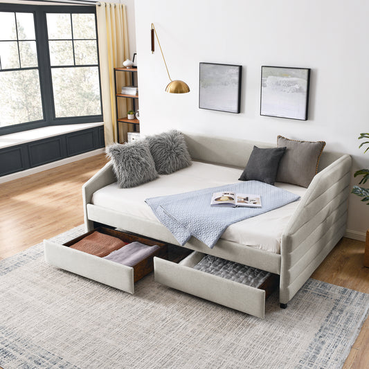 Full Size Upholstered Tufted Daybed with Two Drawers, Linen Fabric, Beige (82.5"x58"x34")