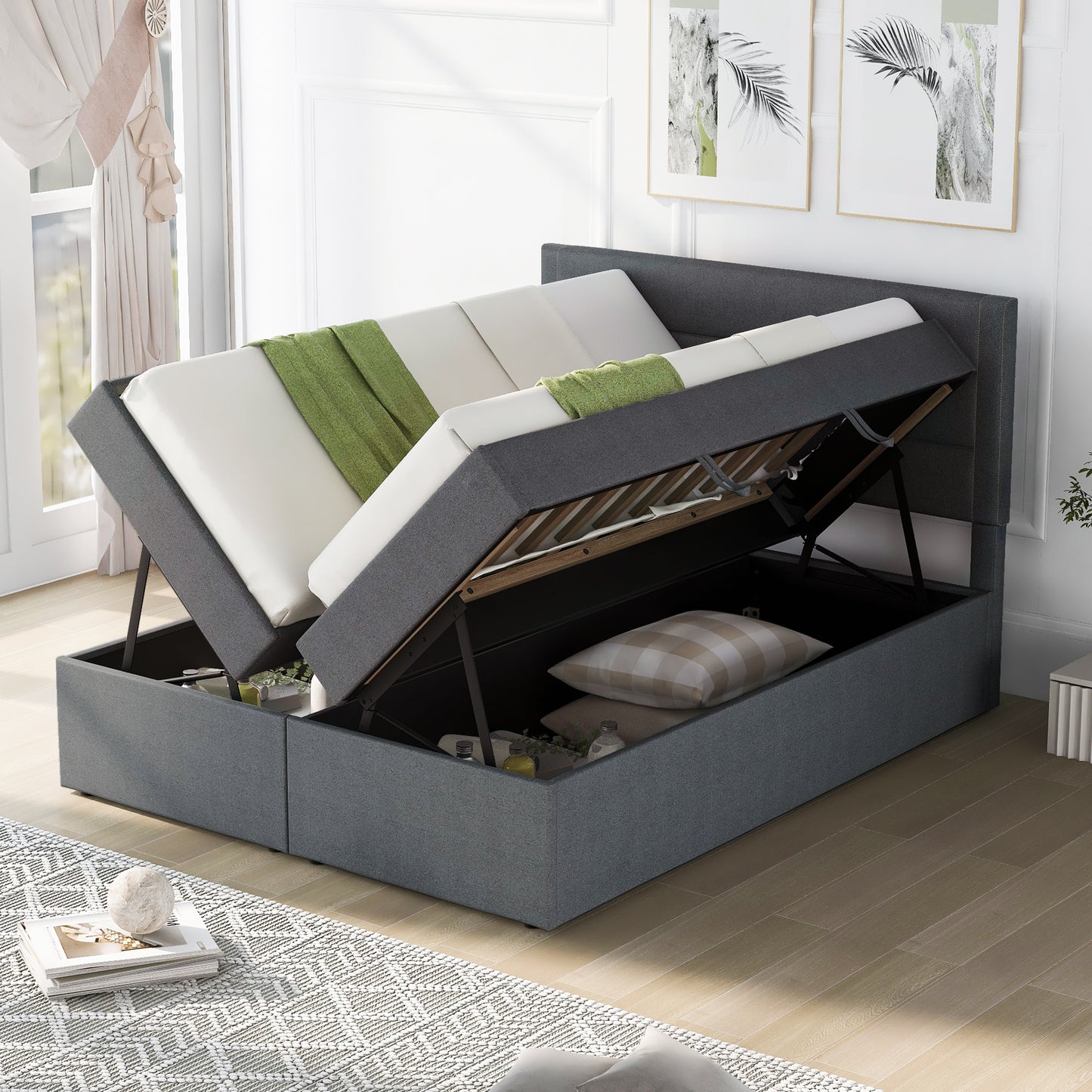 Queen Size Upholstered Platform Bed with Storage Underneath, Gray