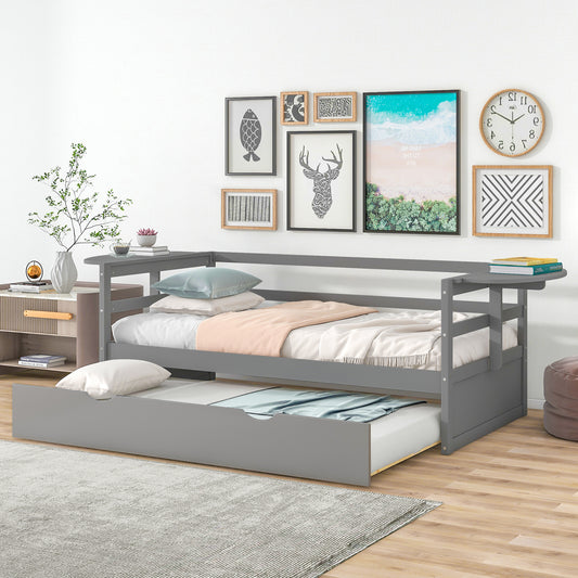 Twin Size Daybed with Trundle and Foldable Shelves on Both Sides,Gray