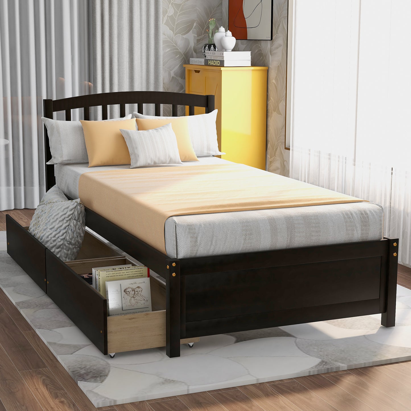 Twin Platform Storage Bed Wood Bed Frame with Two Drawers and Headboard, Espresso(Previous SKU: SF000062PAA)