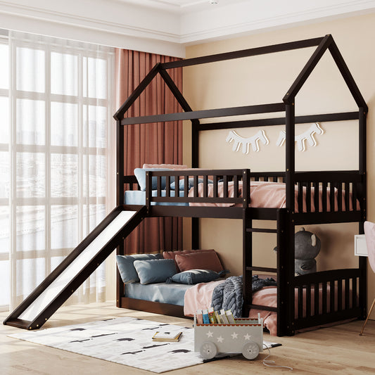 Twin Over Twin Bunk Bed with Slide, House Bed with Slide, Espresso