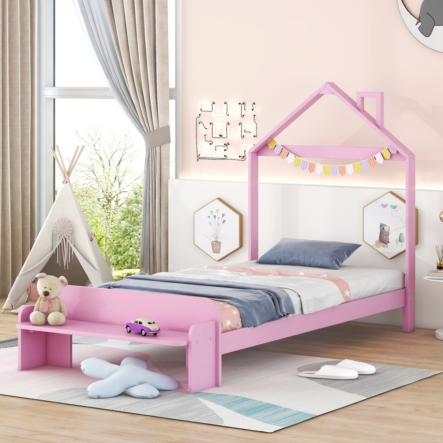 Twin Size Wood Platform Bed with House-shaped Headboard and Footboard Bench,Pink