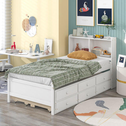 Twin Platform Bed with Bookcase, Twin Trundle, Drawers, White