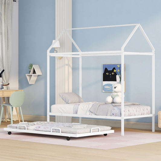 Twin Size Kids House Platform Bed With Trundle, Metal House Bed White
