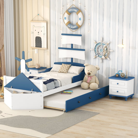 3-Pieces Bedroom Sets,Twin Size Boat-Shaped Platform Bed with  Trundle and Two Nightstands,White+Blue