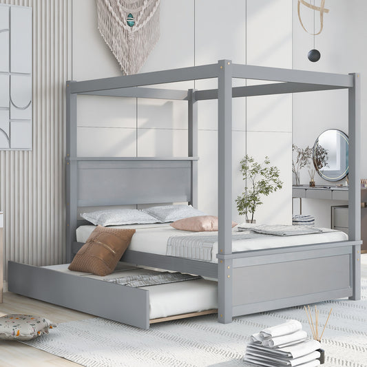 Wood Canopy Bed with Trundle Bed ,Full Size Canopy Platform bed With  Support Slats .No Box Spring Needed, Brushed Gray