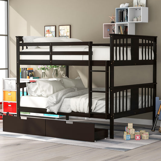 Full over Full Bunk Bed with Drawers and Ladder for Bedroom, Guest Room Furniture-Espresso