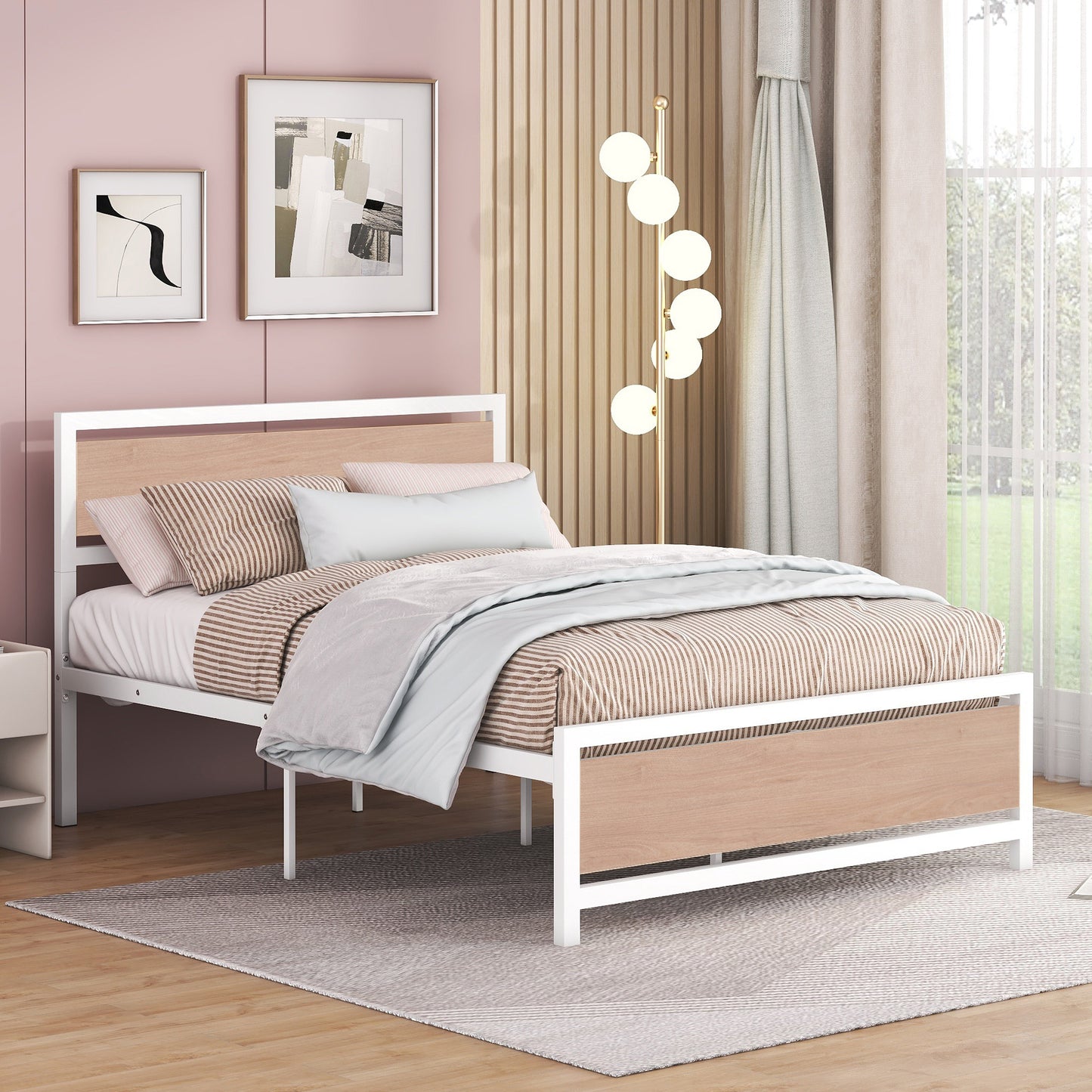 Full Size Platform Bed, Metal and Wood Bed Frame with Headboard and Footboard , White