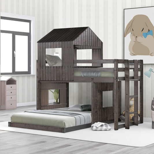 Wooden Twin Over Full Bunk Bed, Loft Bed with Playhouse, Farmhouse, Ladder and Guardrails , Antique Gray