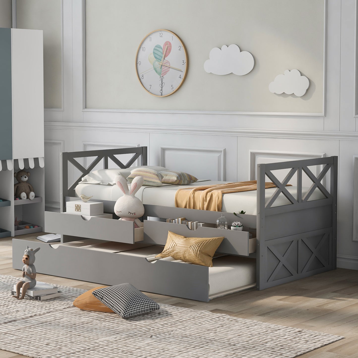 Multi-Functional Daybed with Drawers and Trundle, Gray