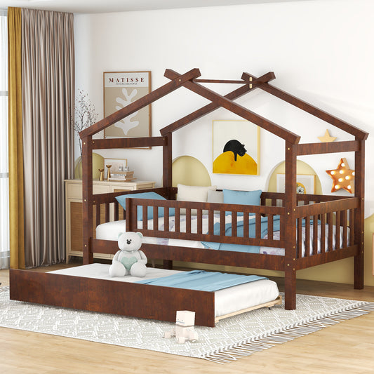 Twin Size Wooden House Platform Bed with Twin Size Trundle, Walnut
