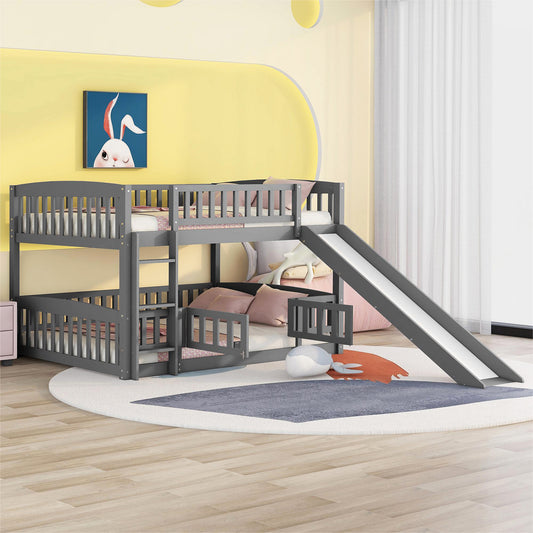 Bunk Bed with Slide,Full Over Full Low Bunk Bed with Fence and Ladder for Toddler Kids Teens Gray