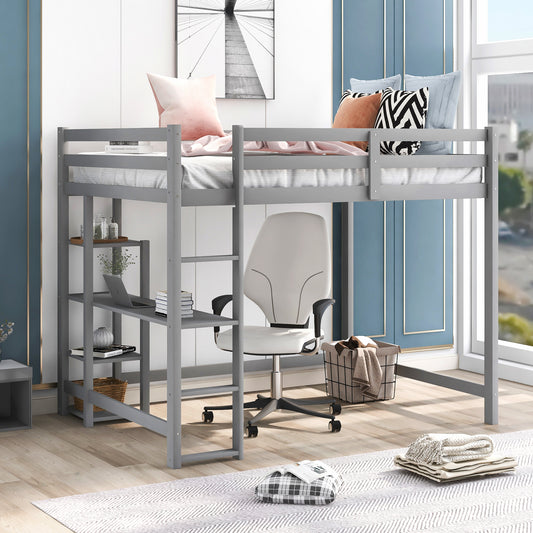 Full Size Loft Bed with Built-in Desk and Shelves,Gray