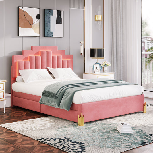 Queen Size Upholstered Platform Bed with LED Lights and 4 Drawers, Stylish Irregular Metal Bed Legs Design, Pink