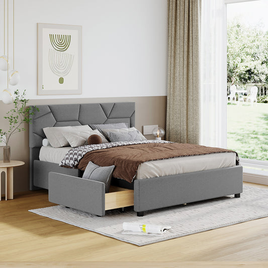 Full Size Upholstered Platform Bed with Brick Pattern Headboard and 4 Drawers, Linen Fabric, Gray