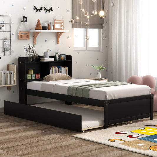 Twin Platform Bed with Trundle, Bookcase, Espresso