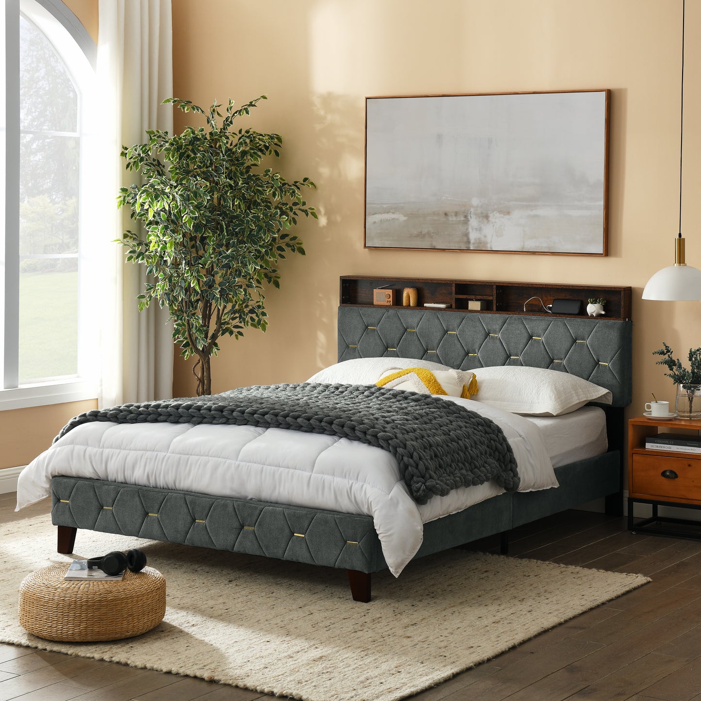 Queen Size Bed Frame, Shelf Upholstered Headboard, Platform Bed with Outlet & USB Ports, Wood Legs, No Box Spring Needed, Easy Assembly, Grey