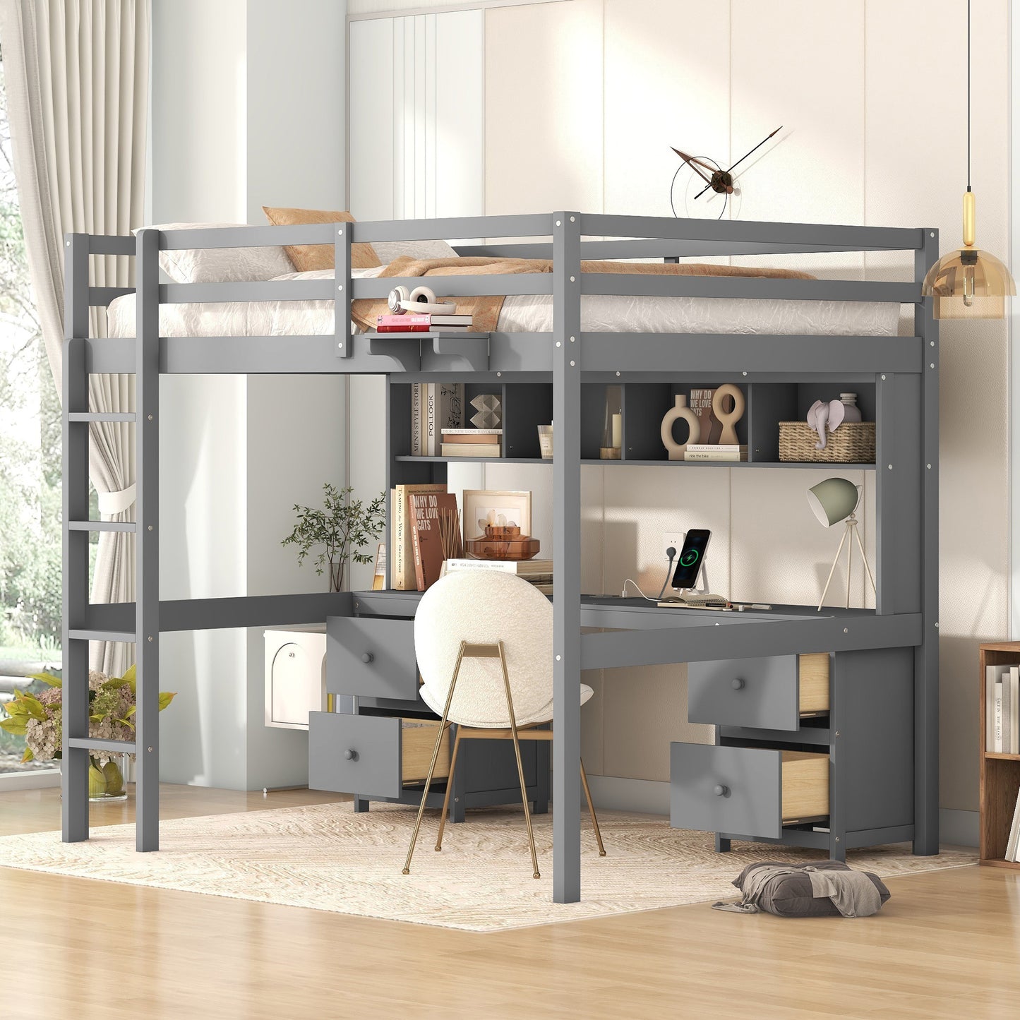 Full Size Loft Bed with Desk, Cabinets, Drawers and Bedside Tray, Charging Station, Gray