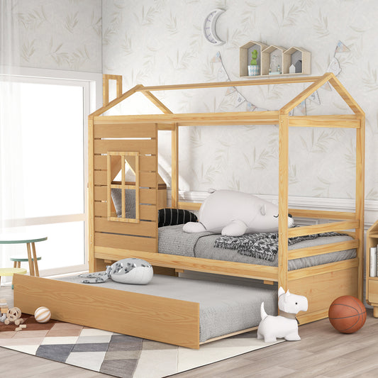 Twin Size House Platform Bed Wood Bed with Twin Size Trundle ( Natural )