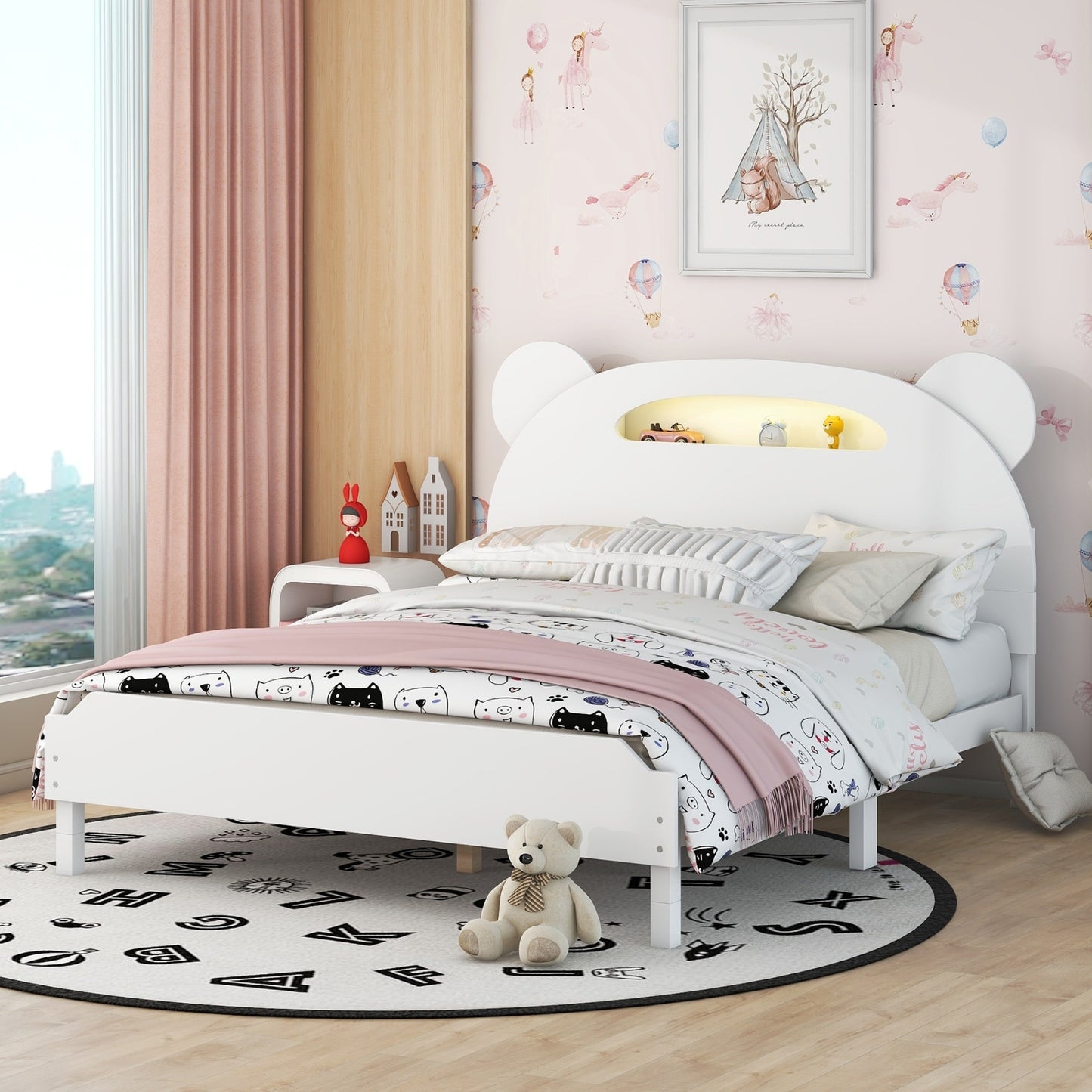 Full Size Wood Platform Bed with Bear-shaped Headboard,Bed with Motion Activated Night Lights,White
