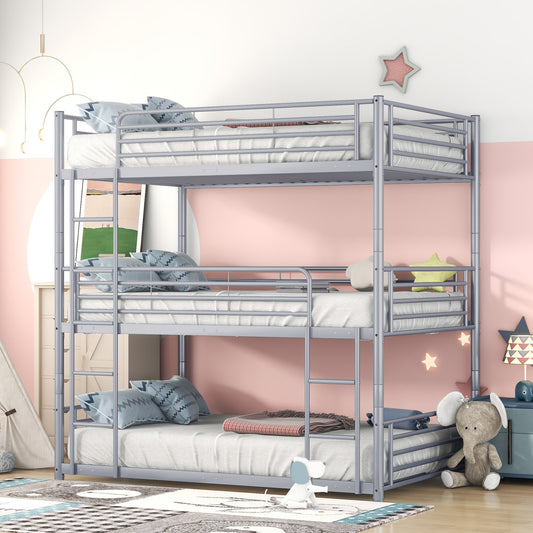 Full-Full-Full Metal Triple Bunk Bed with Built-in Ladder, Divided into Three Separate Beds, Gray