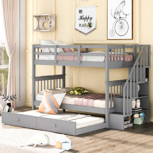Stairway Twin-Over-Twin Bunk Bed with Twin size Trundle for Bedroom, Dorm, Adults, Gray