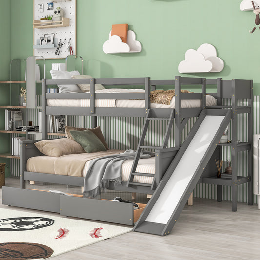Twin over Full Bunk Bed with 2 Drawers,Slide,Shelves Grey