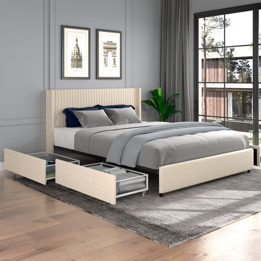 Anna Queen Size Ivory Velvet Upholstered Wingback Platform Bed with Patented 4 Drawers Storage, Modern Design Headboard with Tight Channel, Wooden Slat Mattress Support No Box Spring Needed