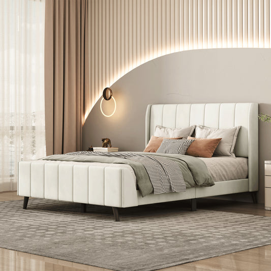 Full Size Upholstered Platform Bed, Velvet, Beige