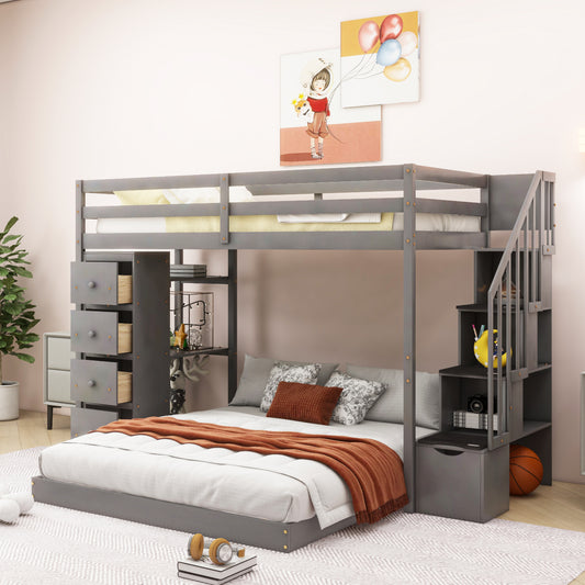 Twin Over Full Bunk Bed with 3-layer Shelves, Drawers and Storage Stairs, Gray